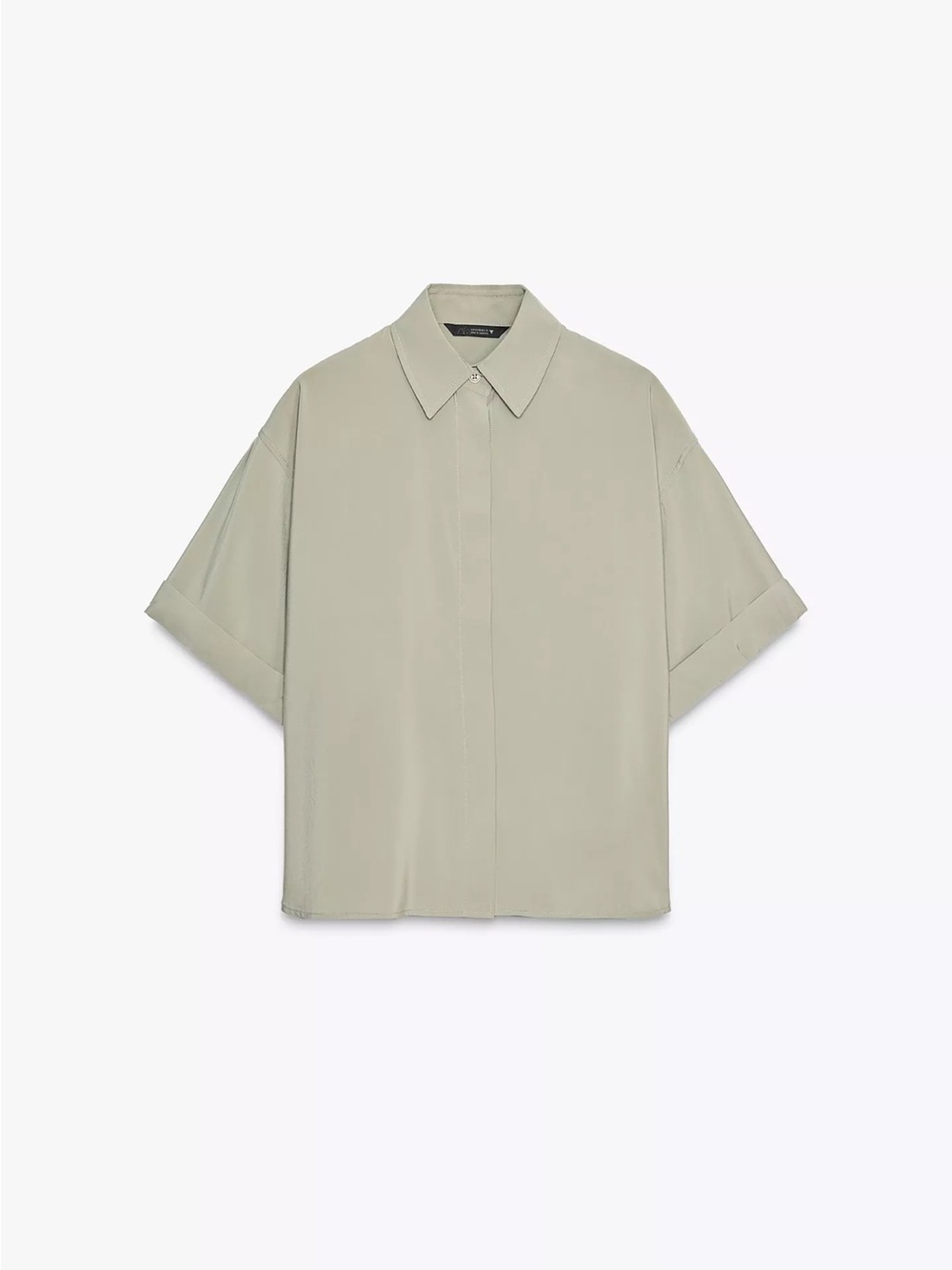 Zara Oversized Short-Sleeve Button-Down Shirt in Sage Green